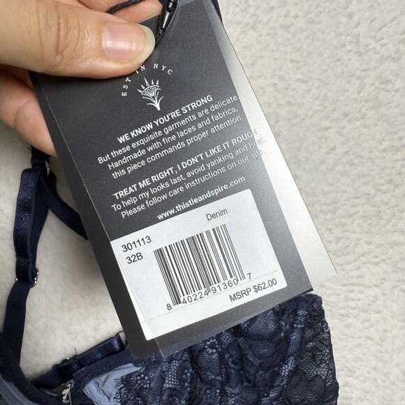 Thistle and Spire Bra Womens 32B Blue Denim Racerback Lace Festival Boudoir Sexy - Picture 3 of 5